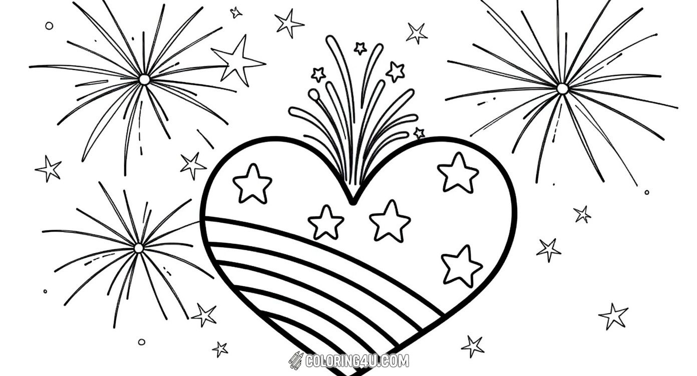 Celebrate Memorial Day with this joyful coloring page featuring a heart decorated with stars and stripes, bursting with fireworks. The festive message 'Happy Memorial Day!' invites kids to add bright colors to this happy symbol of patriotism and remembrance.