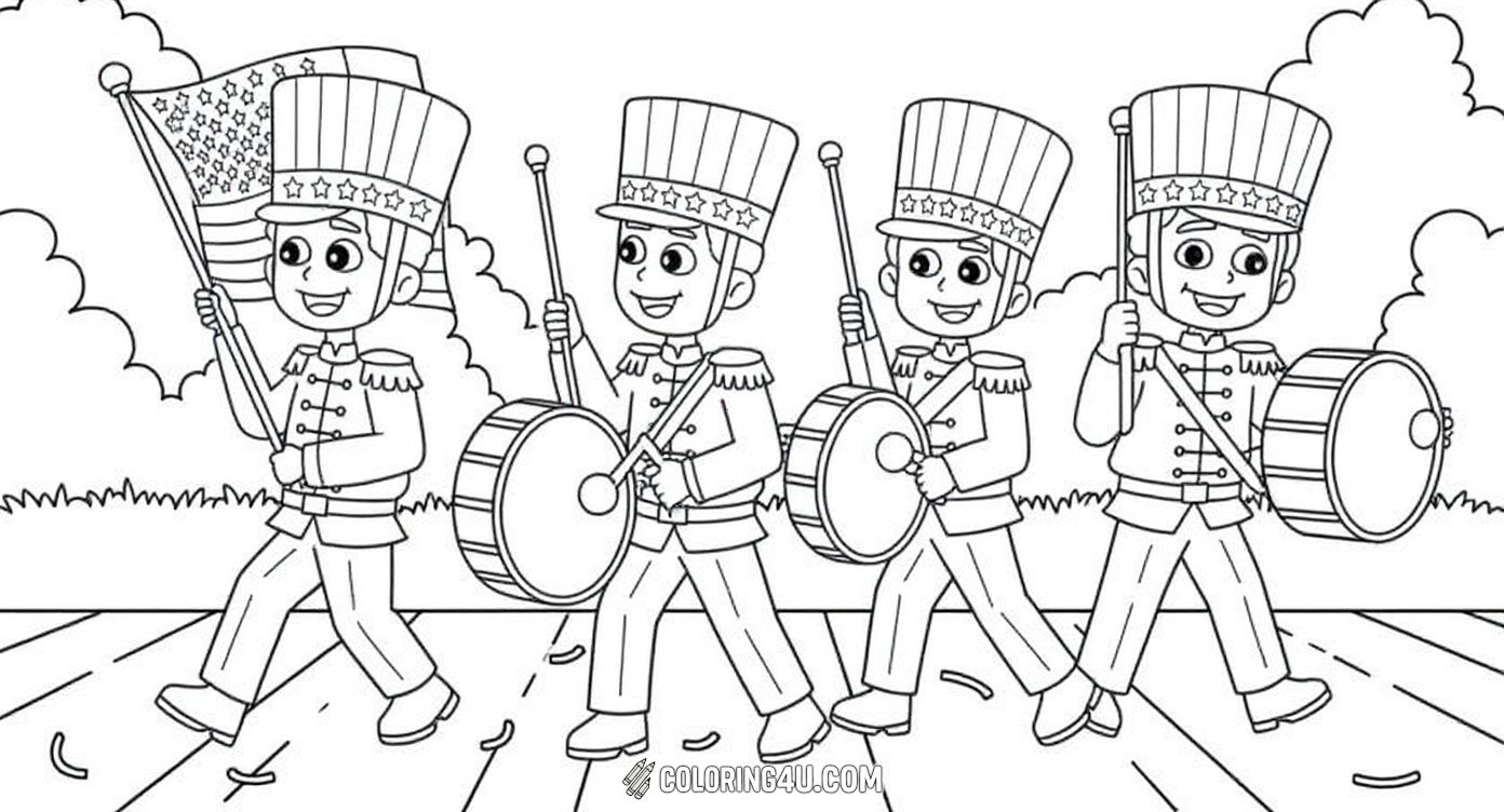 This fun coloring page features two cheerful drummer boys in patriotic uniforms celebrating Memorial Day. One is proudly holding the American flag while the other plays a drum. It's a perfect scene to color and celebrate the spirit of this special holiday!