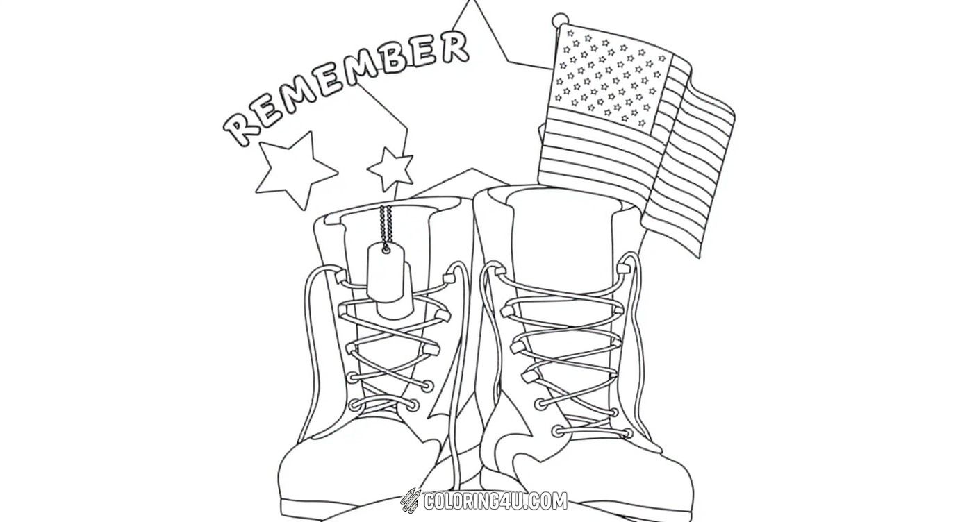This coloring page features a pair of military boots with dog tags hanging on them, an American flag, and the word 'Remember' above. A large star and a ribbon with the words 'Memorial Day' highlight the importance of honoring fallen heroes. Kids can bring this meaningful tribute to life with their colors.