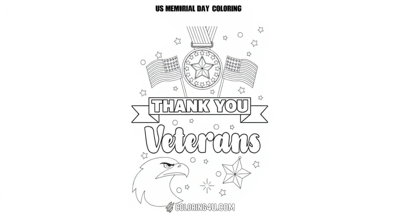 A grateful Memorial Day coloring page reminding kids to say 'Thank You' to veterans. It shows a detailed medal surrounded by stars, American flags, and a proud eagle. A meaningful image that helps children express appreciation for those who served.
