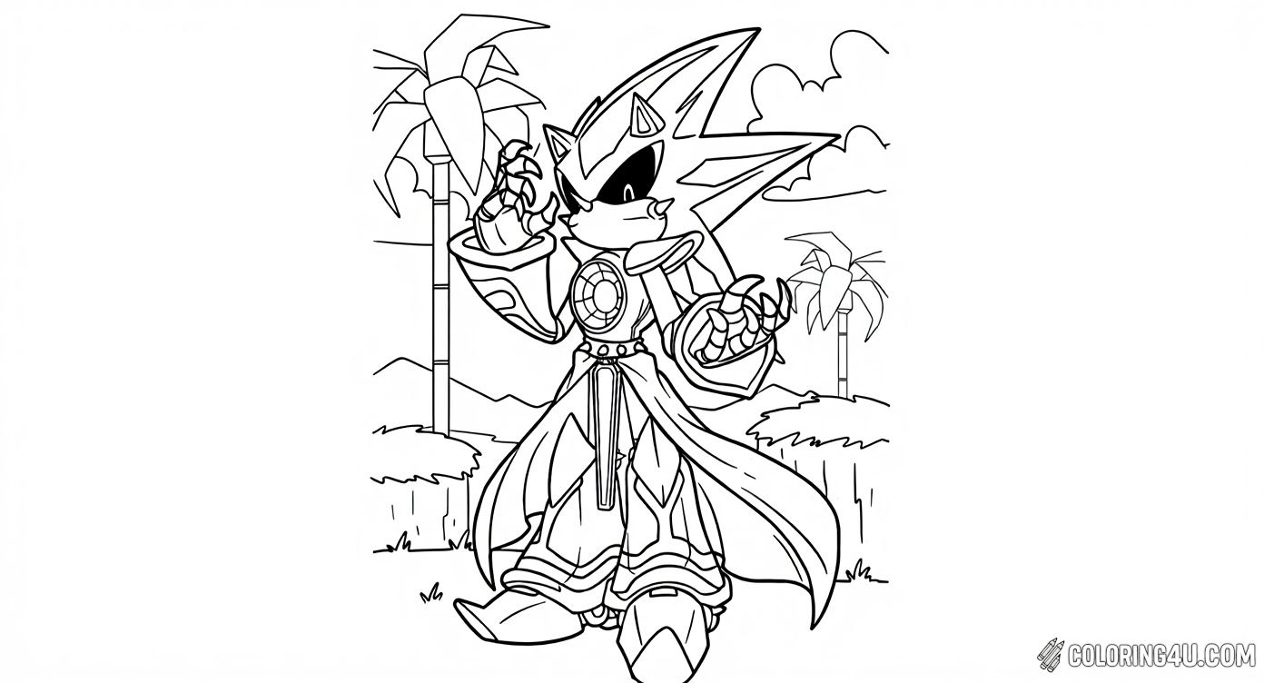 This exciting coloring page features Metal Sonic, a fierce robotic character from the Sonic the Hedgehog game series, standing confidently in a vibrant outdoor setting with palm trees. Kids can have fun bringing this futuristic hero to life by adding bold colors to his sharp, sleek design and flowing coat.