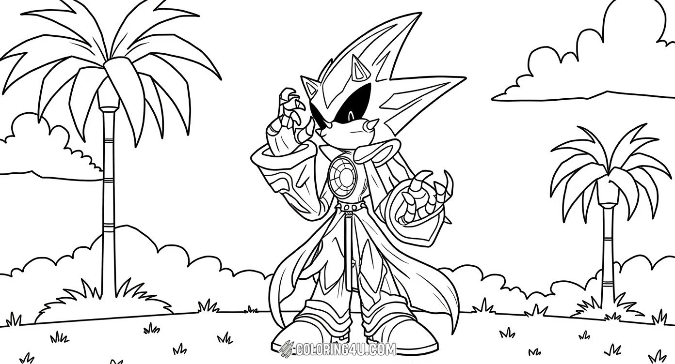 This fun coloring page features Metal Sonic dressed in an intricate costume striking a confident pose in a tropical setting with palm trees and hills in the background. Kids will love bringing this robotic character to life with their favorite colors amid this exciting adventure backdrop.