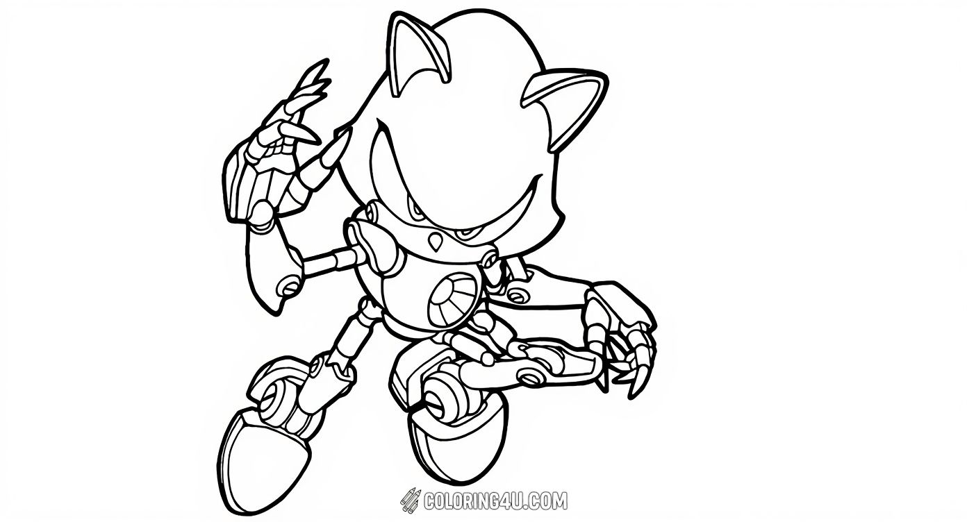 Get ready to add vibrant colors to Metal Sonic as he strikes an aggressive action pose, showing off his robotic design and fierce determination. This dynamic coloring page invites kids to have fun imagining thrilling battles and futuristic adventures with this iconic character.