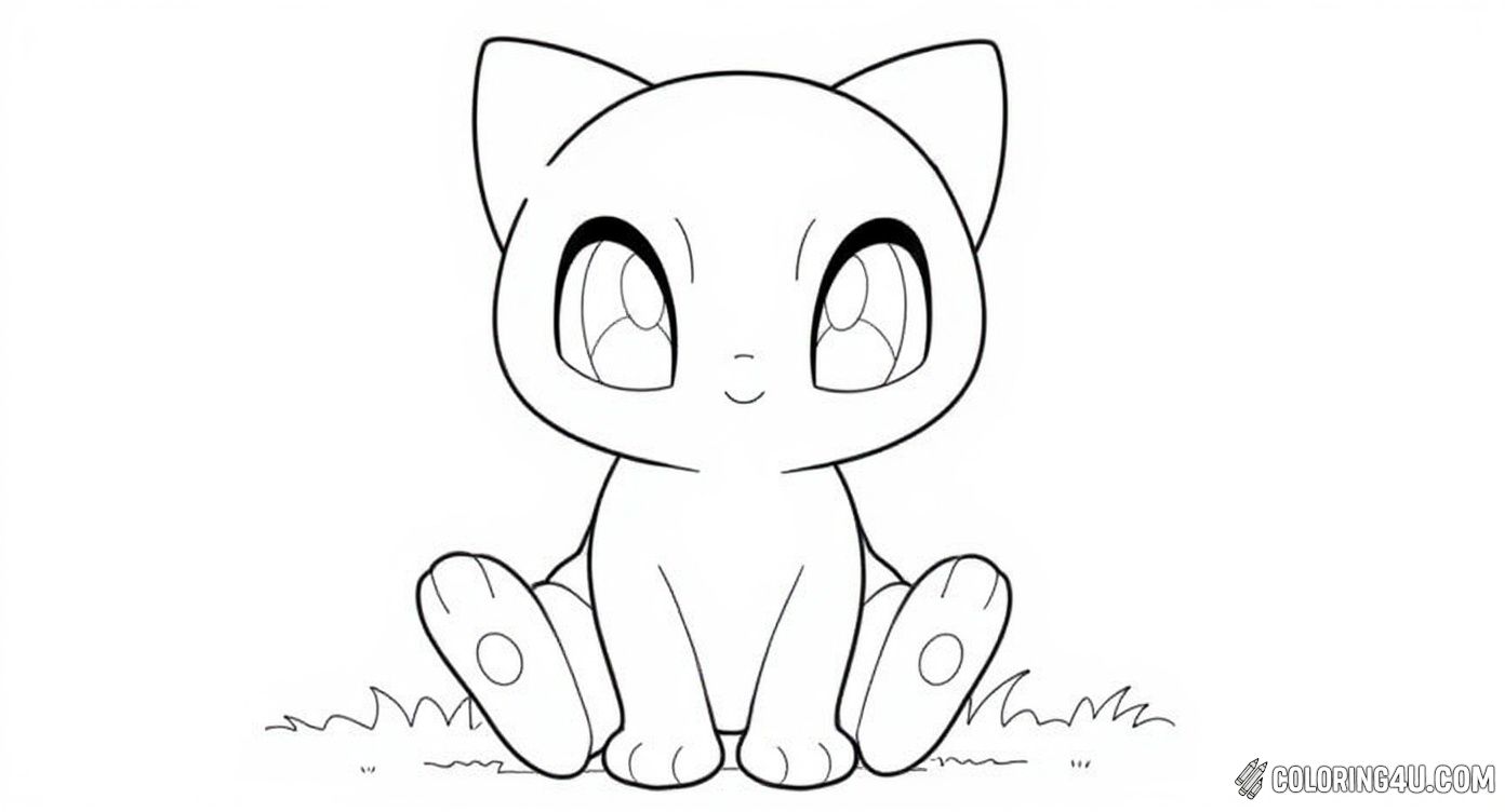 This adorable coloring page features Mew, the playful and cute Pokémon, sitting in a grassy field under a sky filled with clouds. Kids will love bringing this shy and mysterious creature to life with their favorite colors as it looks curiously at its surroundings.