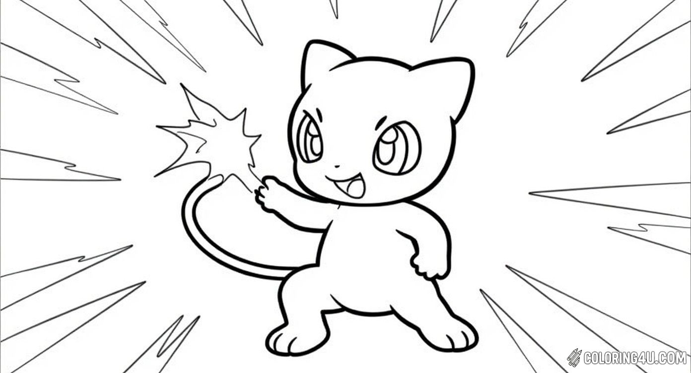 Get ready for action with this dynamic coloring page showing Mew using its powerful psychic abilities! Kids can color in Mew as it holds a glowing orb, surrounded by energy bursts, creating an exciting scene that encourages imagination and creative expression for all young Pokémon enthusiasts.