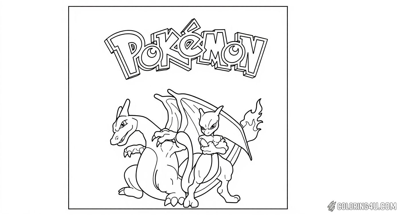 Join the adventure with this fantastic coloring page showing two famous Pokémon, Charizard and Mewtwo, standing proudly side by side. The bold Pokémon logo arches overhead, making it a perfect coloring choice for fans who want to add brilliant shades to both these fierce and legendary creatures.