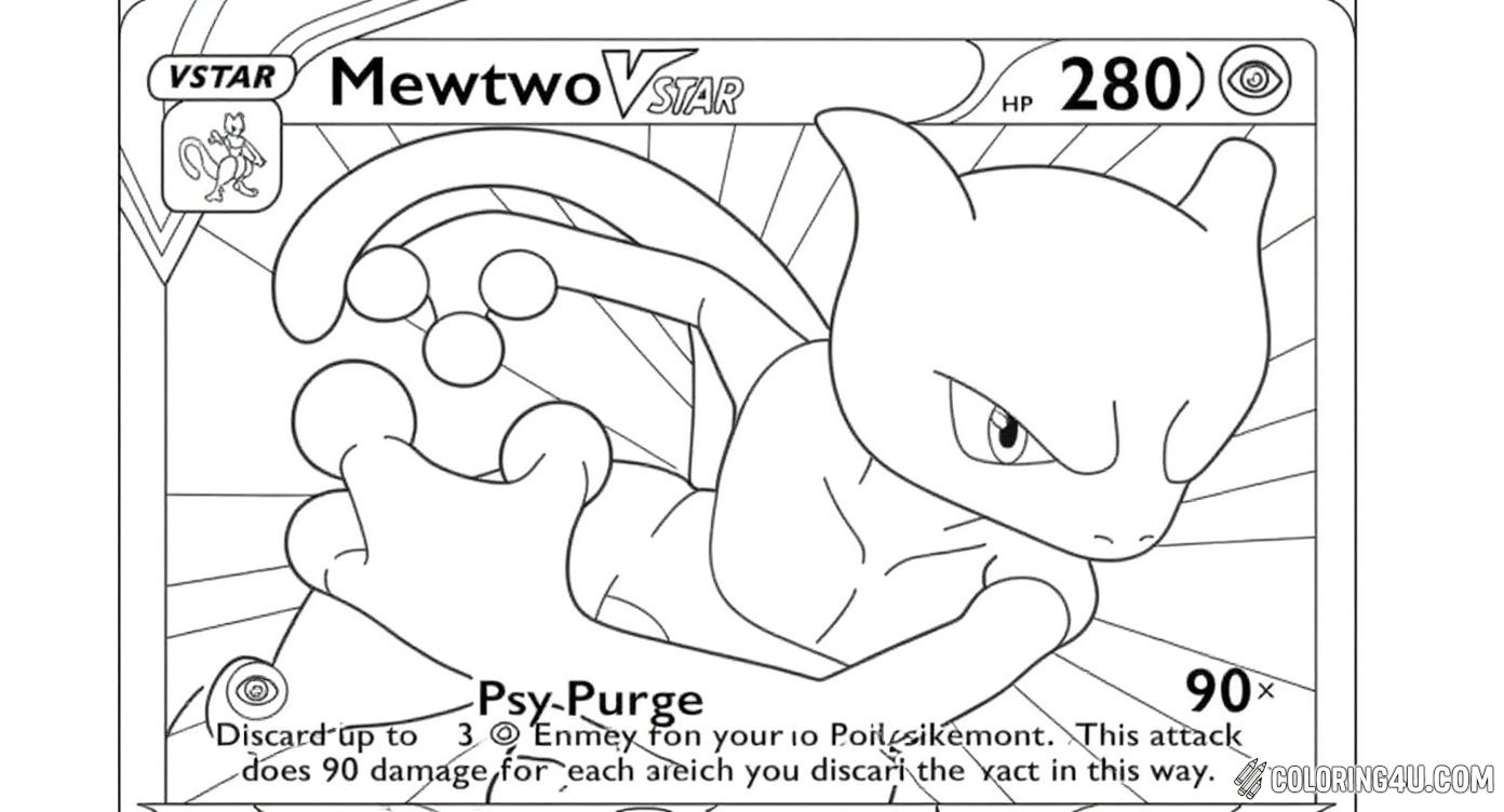 Dive into the world of Pokémon trading cards with this detailed Mewtwo VSTAR card coloring page. Kids can color Mewtwo in its striking VSTAR form along with all the fun text and details that make the Pokémon Trading Card Game exciting. This page offers a wonderful mix of creativity and Pokémon strategy!