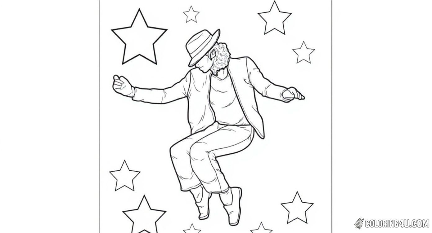 Jump into the rhythm with this dynamic coloring page of Michael Jackson performing his iconic moonwalk dance move. Surrounded by shining stars, this fun image invites kids to color the legendary pop star and his cool hat, making the scene sparkle with their imagination!