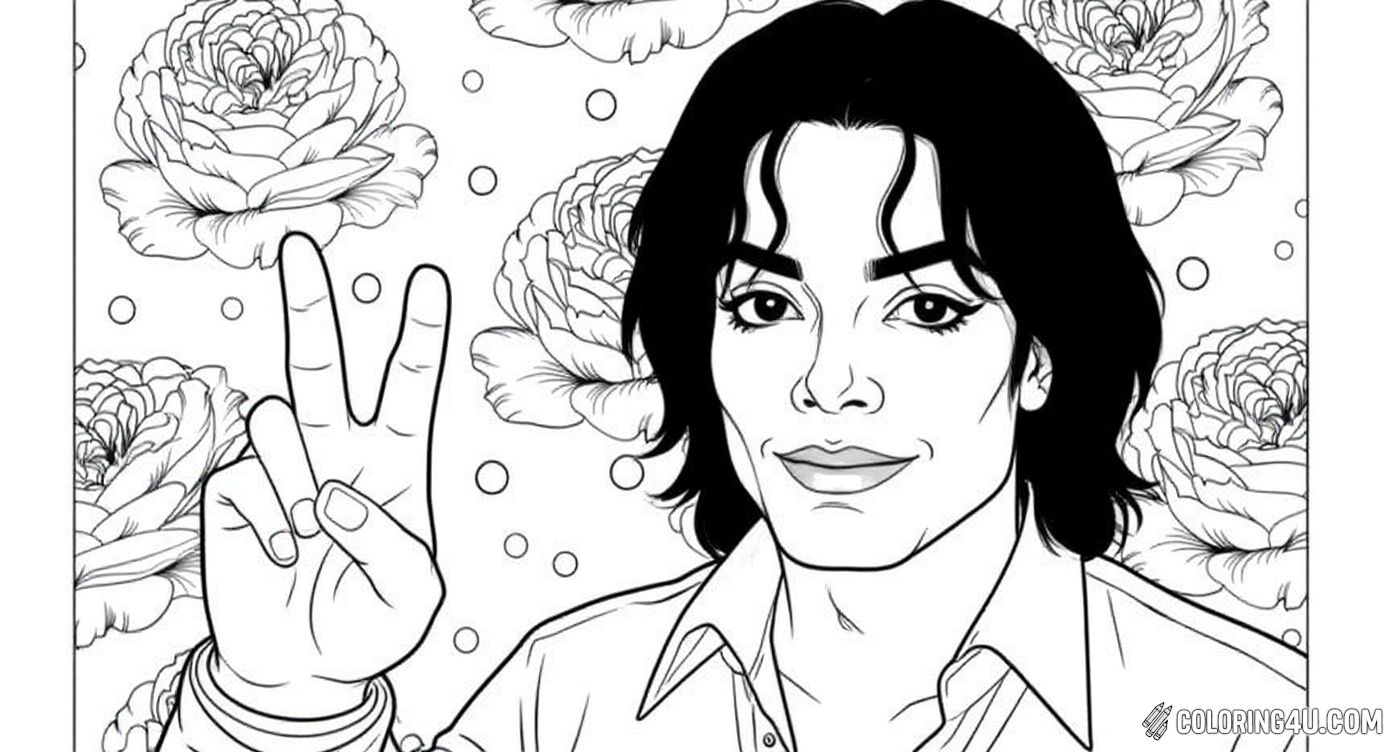 Spread peace and love with this cheerful coloring page featuring Michael Jackson flashing a friendly peace sign. With his cool sunglasses and a background full of beautiful flowers, kids can have fun coloring and creating a happy, positive vibe inspired by the King of Pop.