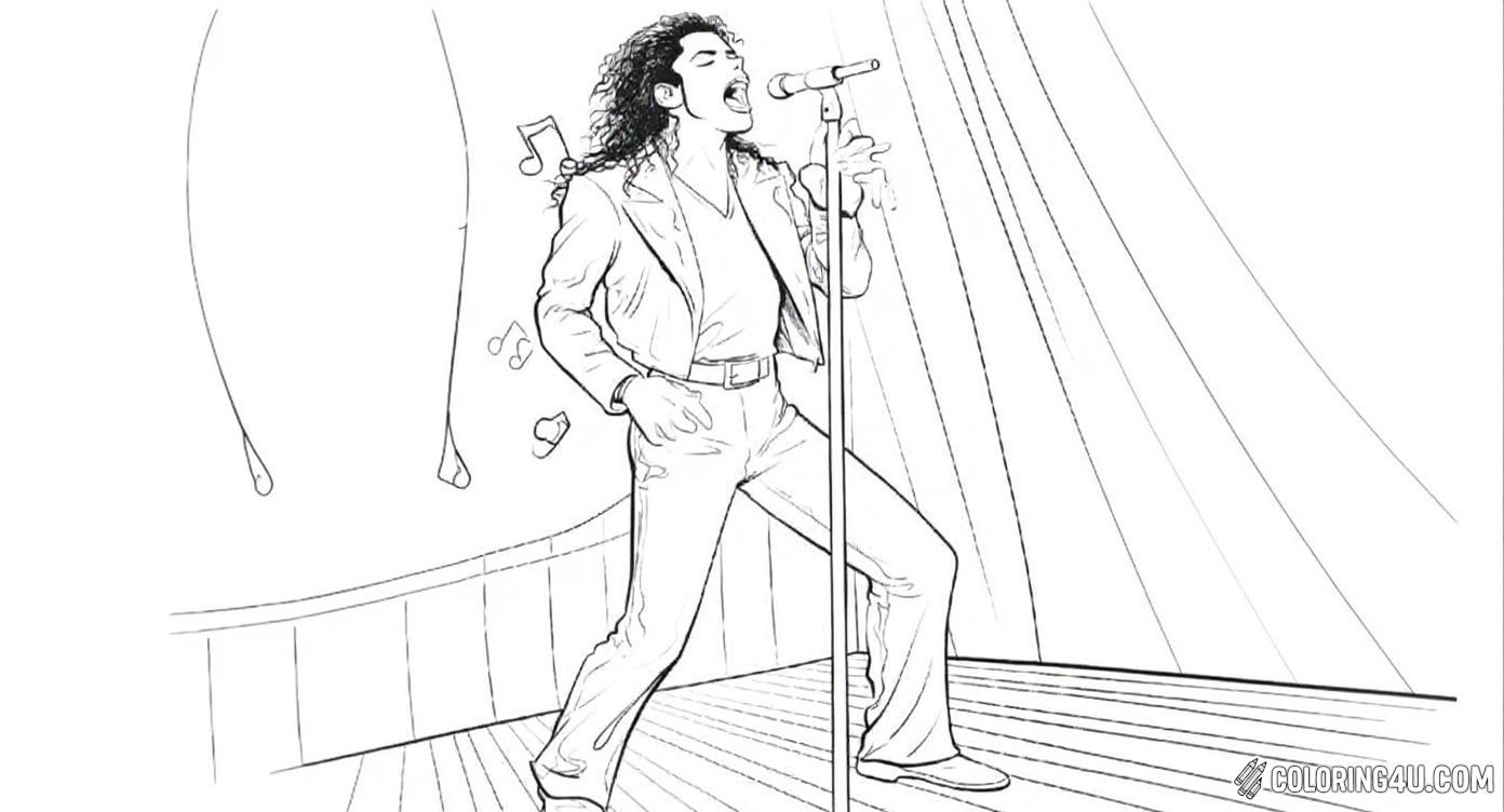 Bring the stage to life with this exciting coloring page of Michael Jackson passionately singing into a microphone. Watch as his curly hair flows and his outfit shines while he performs for his fans. It's a great picture for kids to explore their creativity and love for music!
