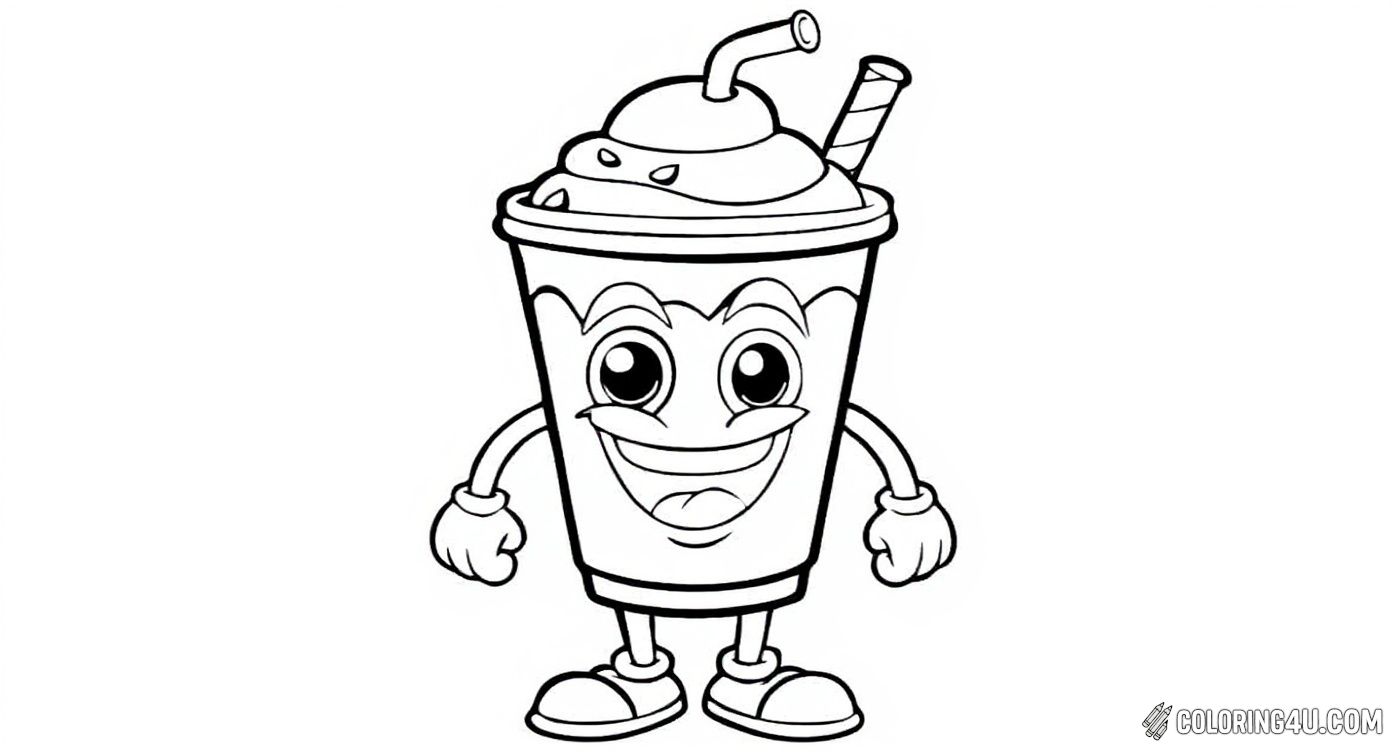 Get ready to bring to life this cheerful milkshake cartoon character! With big sparkling eyes, a wide smile, arms, legs, and fun straws, this friendly milkshake invites kids to add bright colors and personality to this playful drawing.