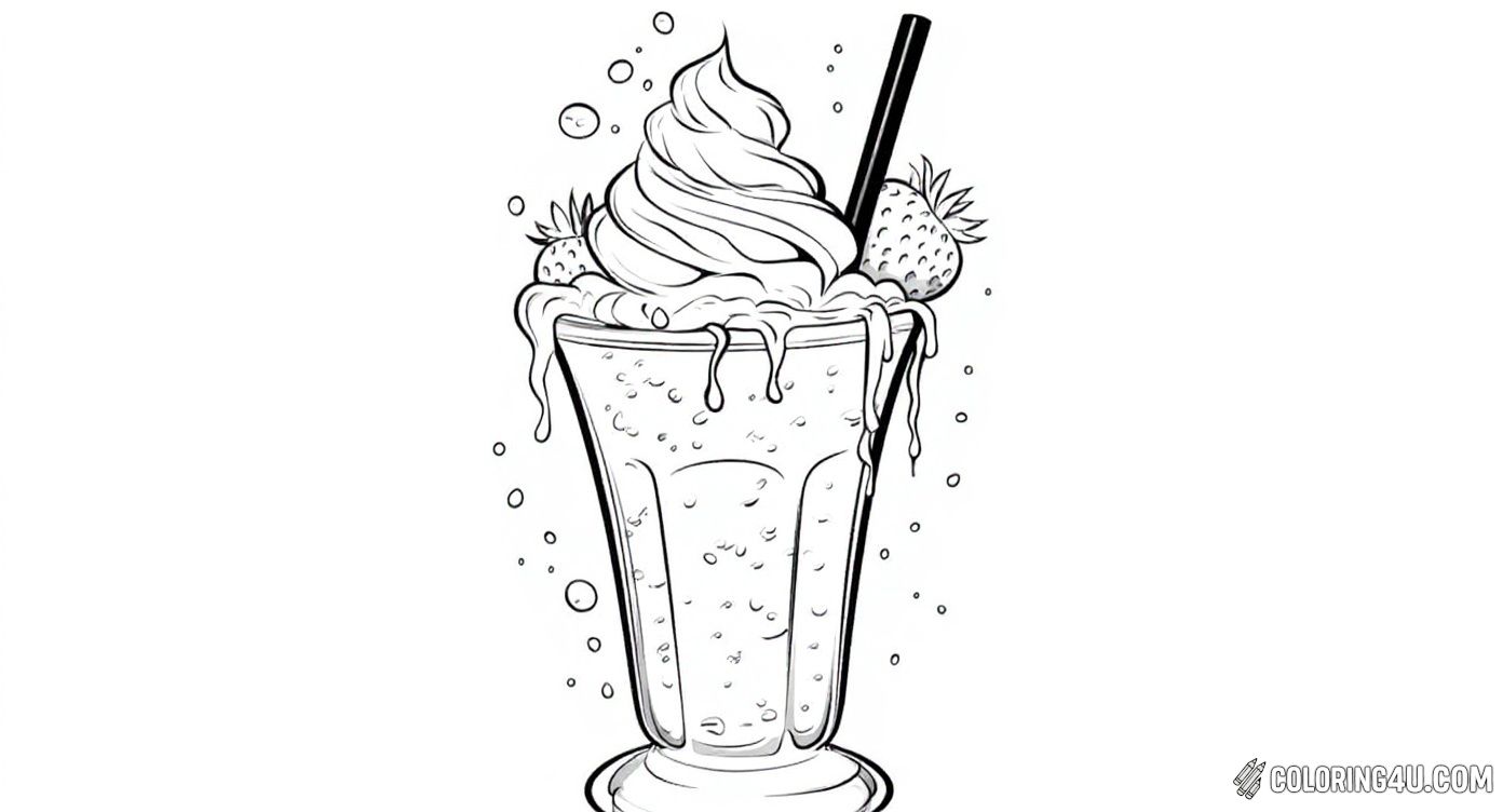 This exciting coloring page displays a tall glass filled with a frosty milkshake topped with swirled whipped cream and fresh strawberries. Kids will love adding vibrant colors to the dripping milkshake and the bubbly glass for a tasty and refreshing treat.