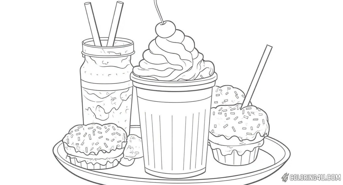 This fun coloring page features a delicious milkshake topped with whipped cream and a cherry, surrounded by tasty cupcakes on a plate. Kids can enjoy adding color to this delightful dessert scene packed with sweet treats and tasty details.