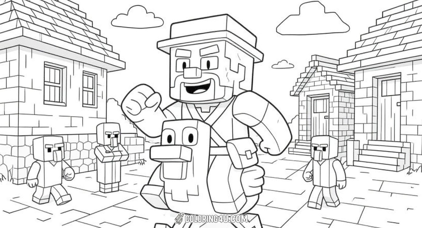 Join Garrett 'The Garbage Man' Garrison as he strides confidently through a lively Minecraft village riding a quirky duck. Surrounded by curious villagers, this fun and adventurous scene invites kids to color a charming blocky world full of excitement and friendship.