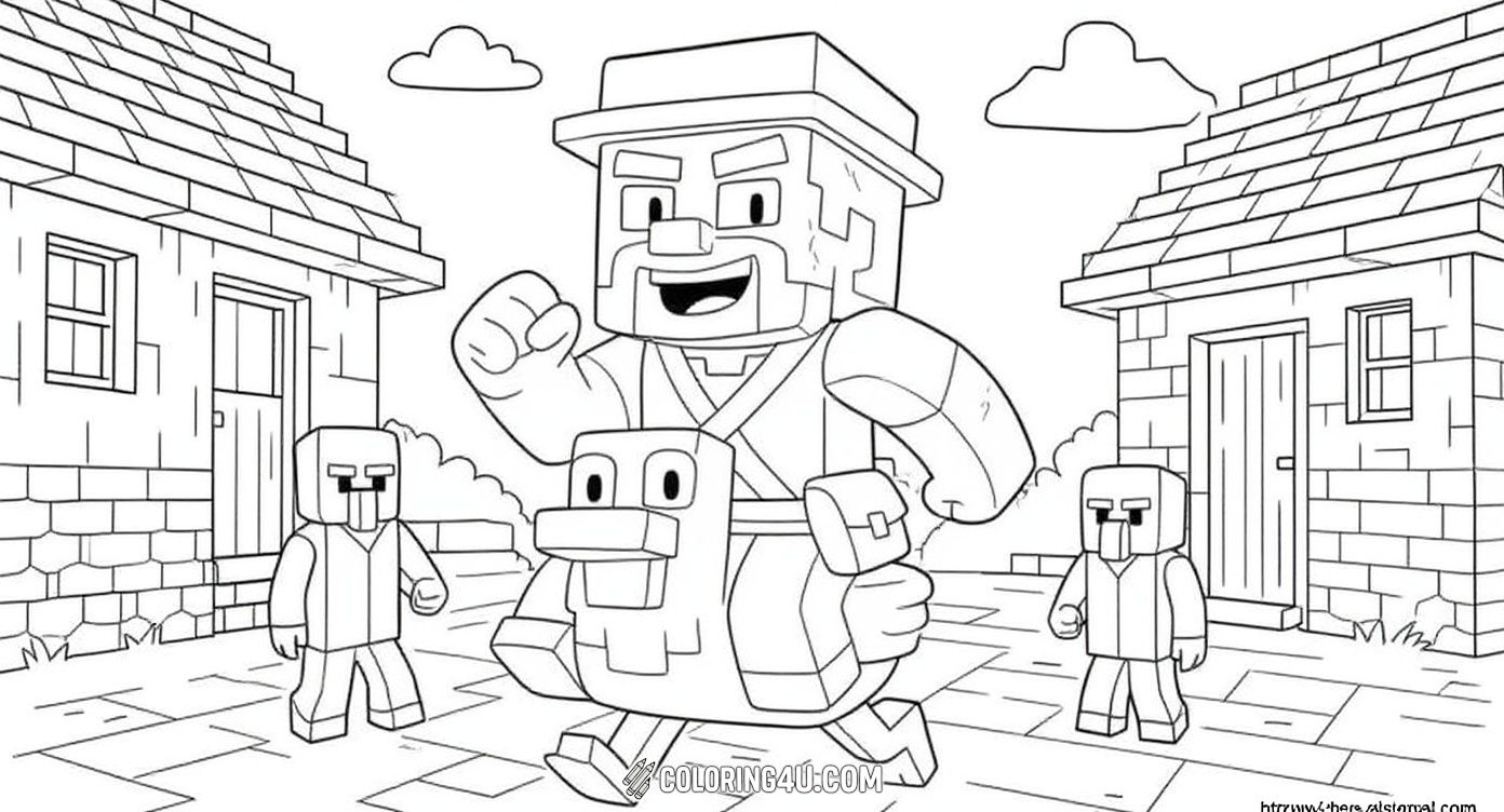 Join Garrett 'The Garbage Man' Garrison in this fun Minecraft village adventure! Kids can color this brave character riding a cheerful duck through a blocky village, surrounded by curious villagers. Bring this exciting scene to life with your favorite colors!