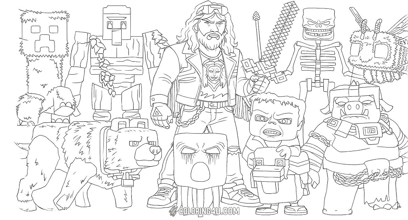 Get ready to color a cool lineup of characters from the Minecraft Movie! This fun and detailed coloring page features a mix of heroes and creatures, including a fierce skeleton, a mighty bear, and the iconic Minecraft creeper, all waiting for your colorful touch.
