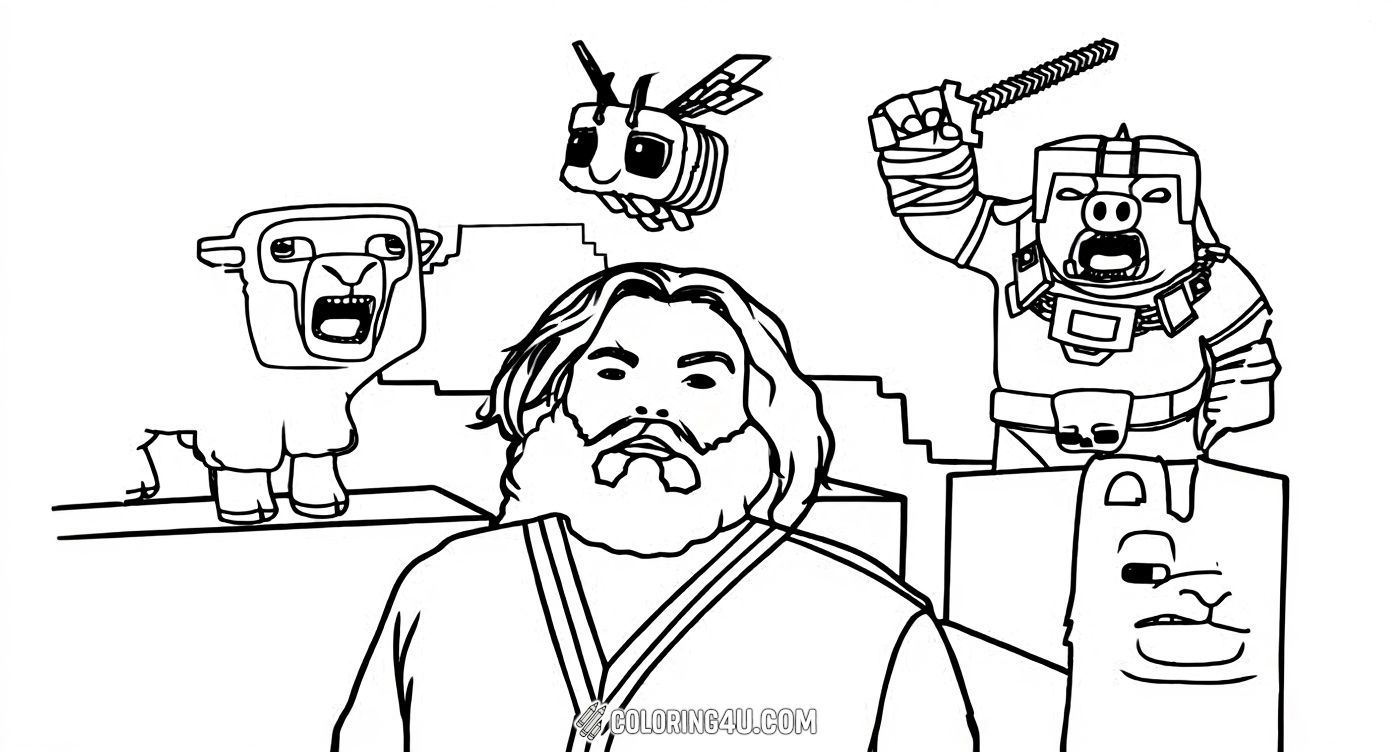 Dive into the Minecraft Movie world with this awesome coloring page featuring the hero, a brave pig warrior, a cheeky llama, and a buzzing bee. Let your imagination soar as you add vibrant colors to this adventurous crew from the popular film!
