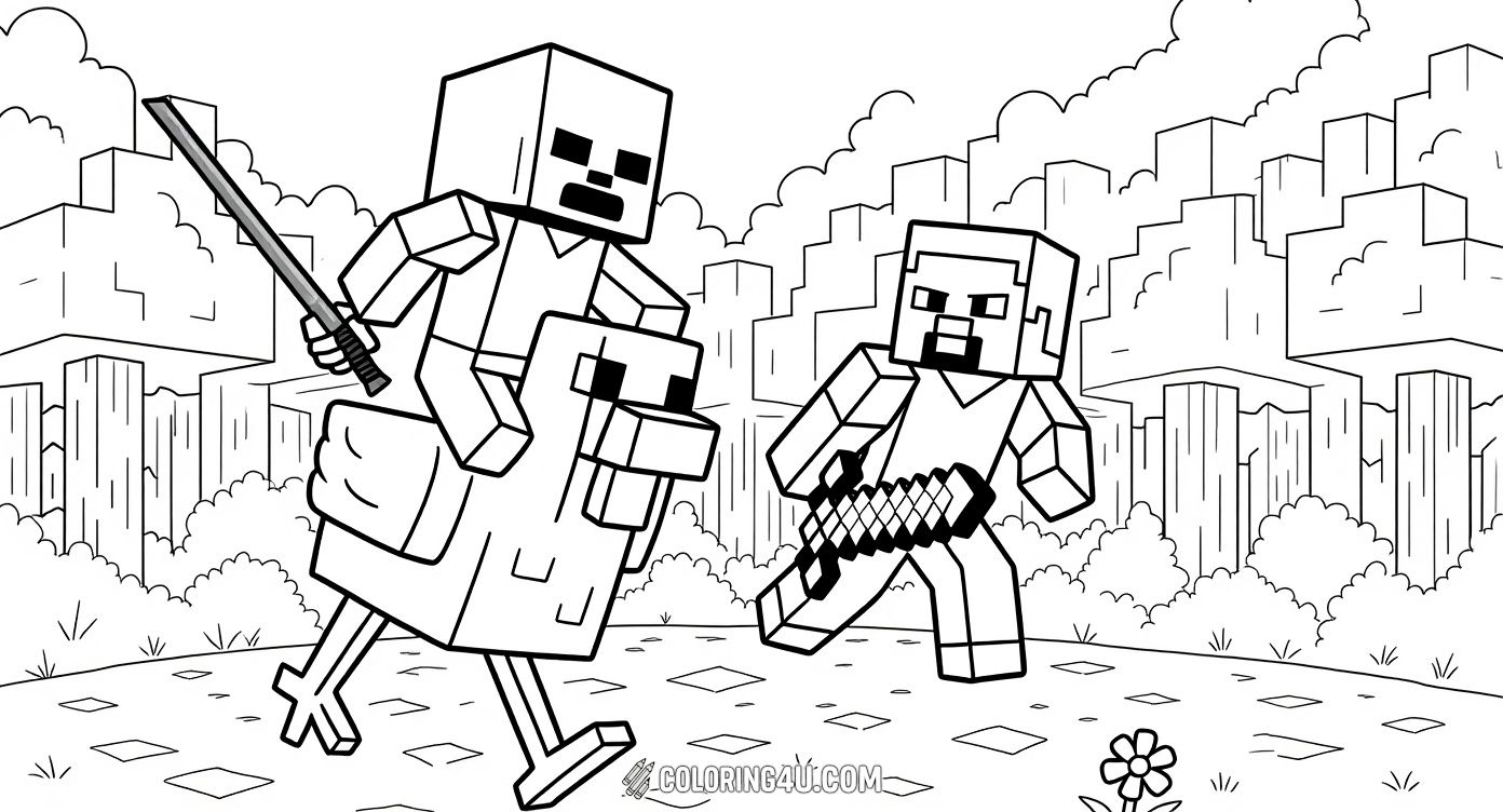 Dive into an exciting moment from Minecraft The Movie with Steve riding a duck, ready for battle alongside another character holding a sword. This dynamic scene offers kids the chance to color an epic Minecraft adventure filled with courage, teamwork, and fun.