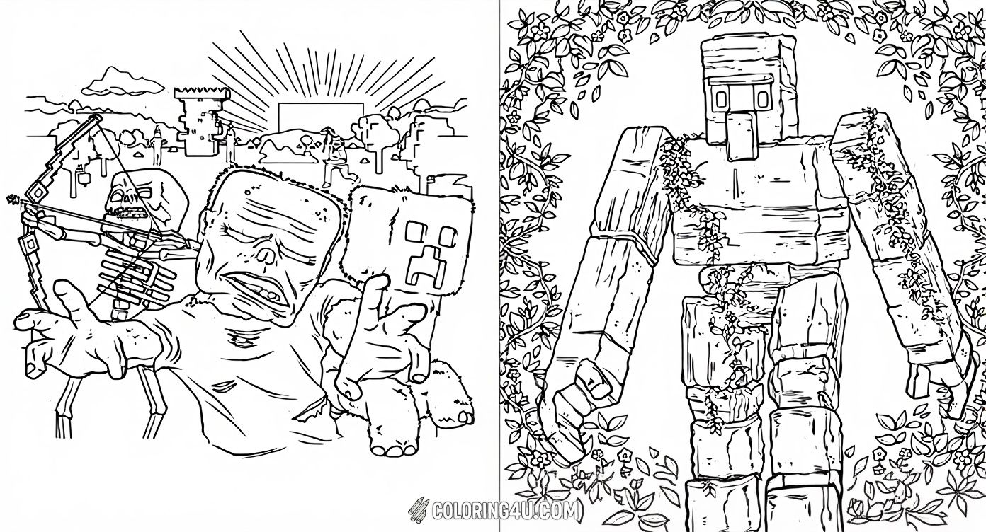 Step into the world of Minecraft with this dynamic coloring page featuring undead mobs including a zombie and skeleton, alongside scary Creepers. Opposite them stands a majestic Iron Golem covered with vines and flowers, ready to protect the village. Kids will love bringing this dramatic contrast between danger and guardian to colorful vibrancy.