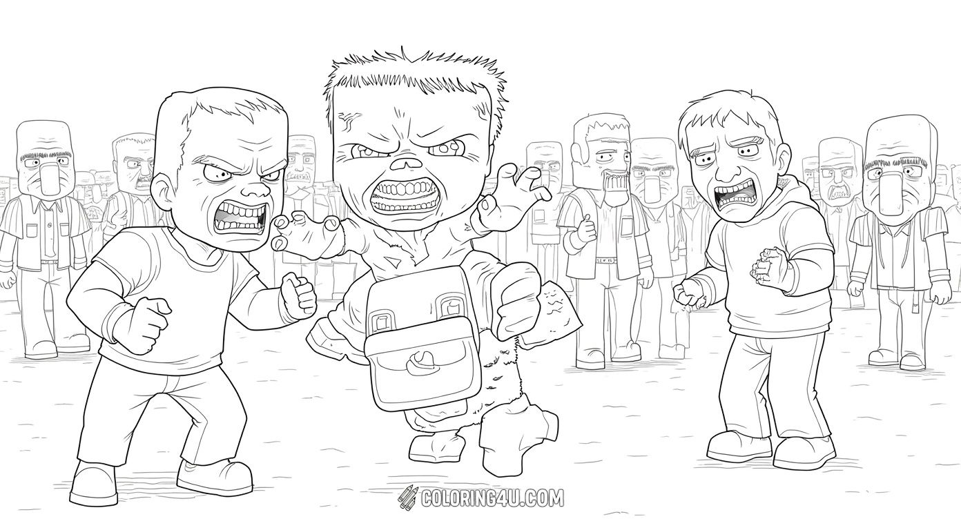 This exciting coloring page features a fierce Minecraft Zombie Villager lunging forward with an angry expression, while a calm Villager sits at a table with a basket of bread. Kids can dive into the Minecraft world and add color to this intense and fun scene filled with action and contrast.