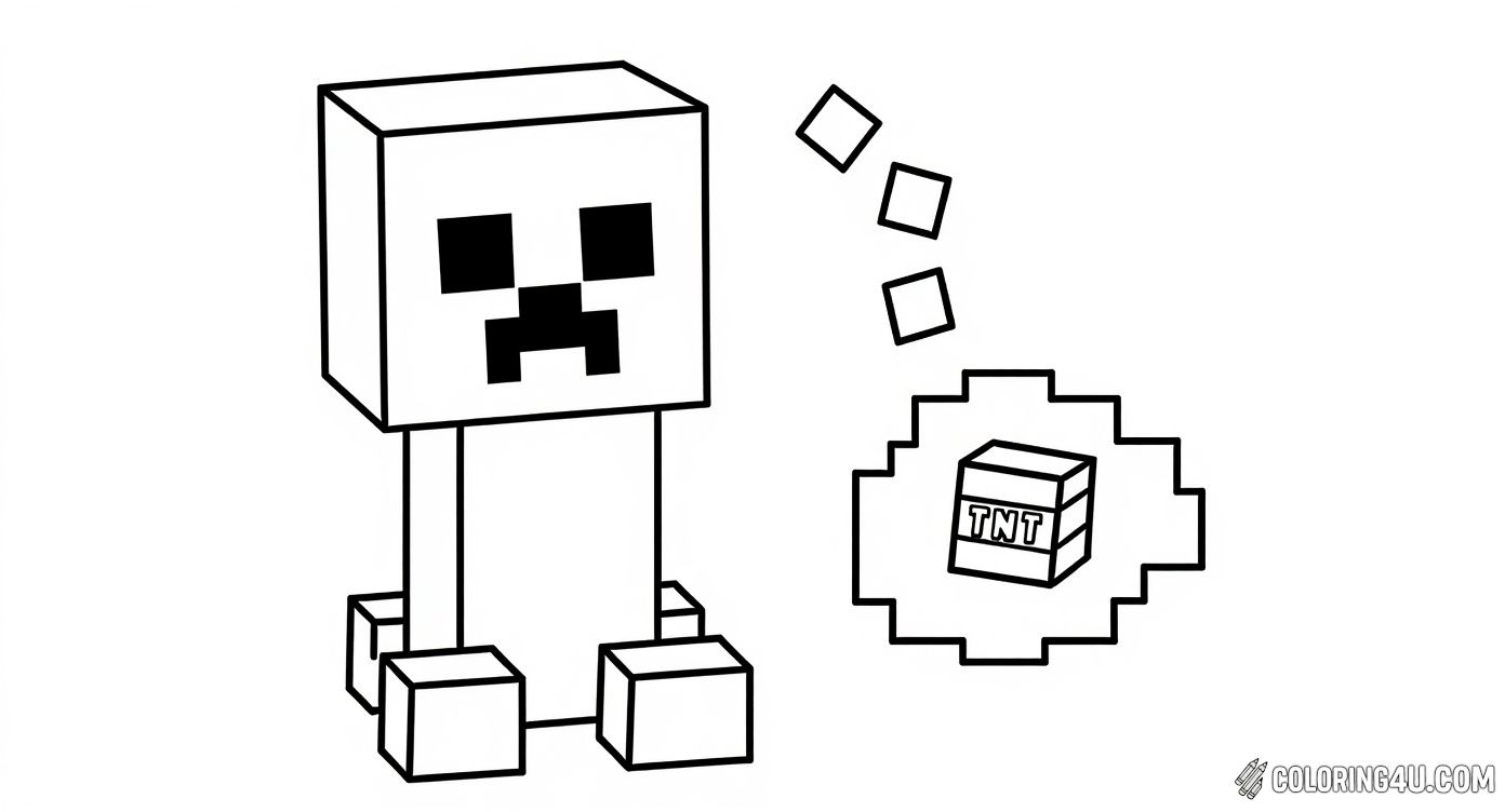 Color this adorable Minecraft Creeper who seems curious about the TNT block next to it! This playful scene invites kids to add vibrant colors to one of Minecraft's most famous creatures and the explosive TNT, sparking imagination and creative fun.