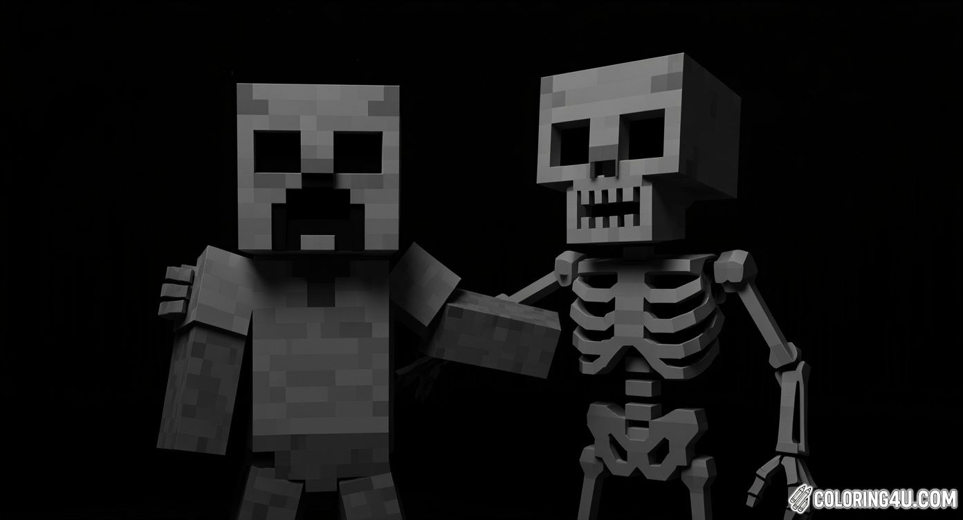 This fun Minecraft coloring page shows a Zombie and a Skeleton standing together at night under a bright moon. Kids can enjoy bringing these spooky yet friendly Minecraft characters to life with color as they explore the blocky world filled with adventures!