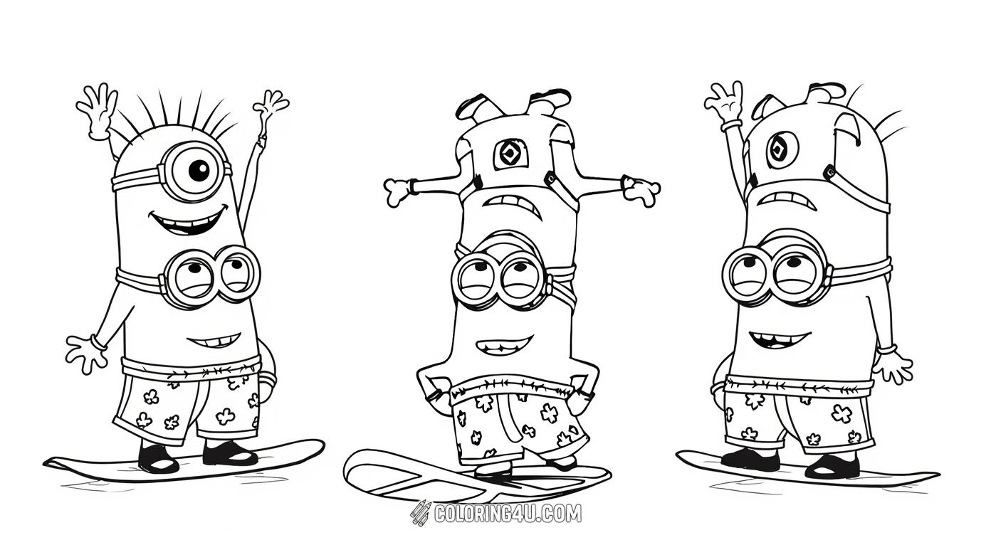 Get ready to color this exciting scene with two Minions balancing on a surfboard, showing teamwork and fun summer vibes! One Minion confidently stands on the board while the other balances upside down on top. This playful moment from the beloved Minions offers a great opportunity for kids to enjoy vivid and imaginative coloring.
