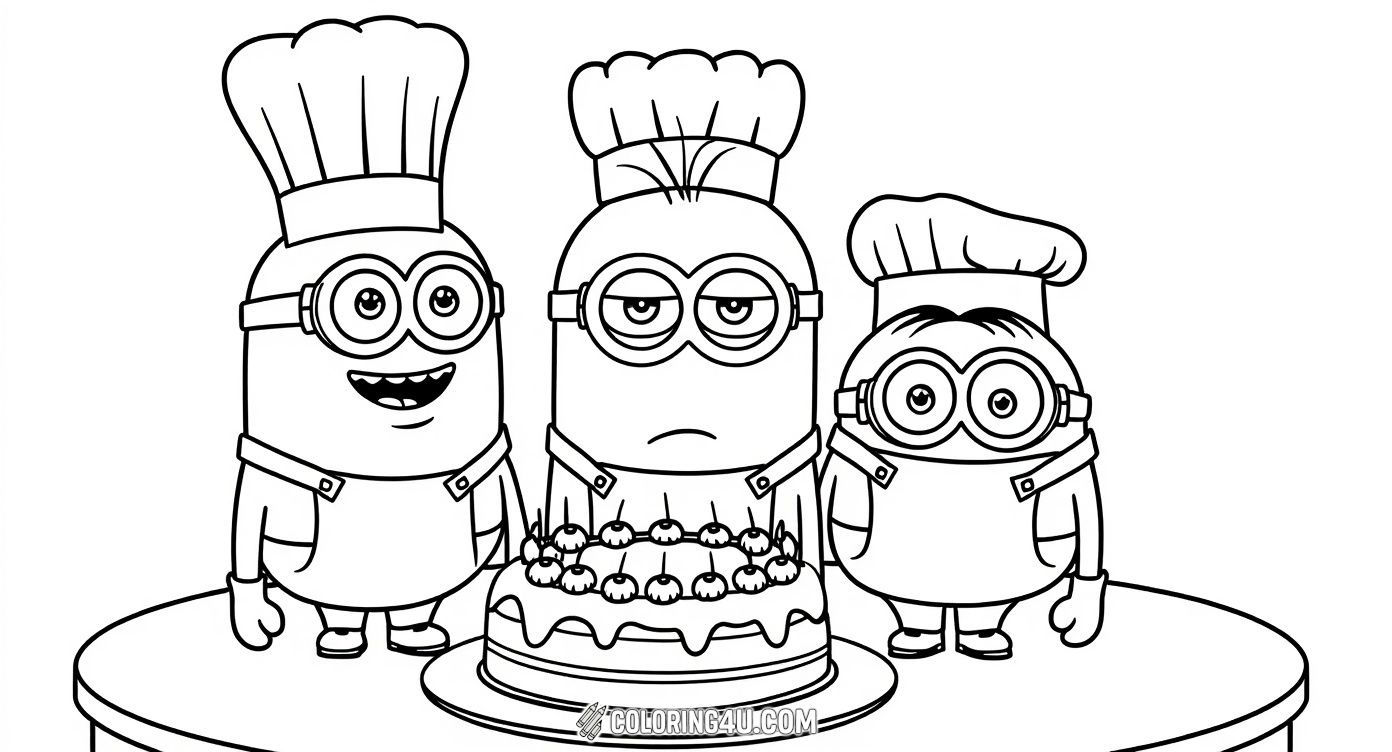 Join these three adorable Minions as they put on their chef hats and prepare a yummy cake together! This coloring page captures their fun and quirky personalities as chefs in the kitchen, perfect for young artists who enjoy creativity and want to add their own colors to this tasty baking adventure.