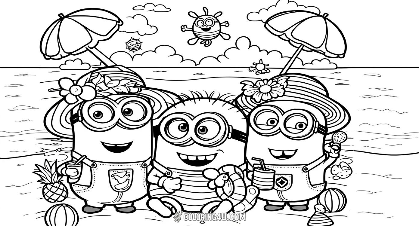 This delightful coloring page features three cheerful Minions having a fun day at the beach. They are wearing summer hats and holding refreshing drinks, surrounded by beach balls, pineapples, and seashells under sunny skies. Kids will love bringing this playful beach scene to life with their favorite colors!