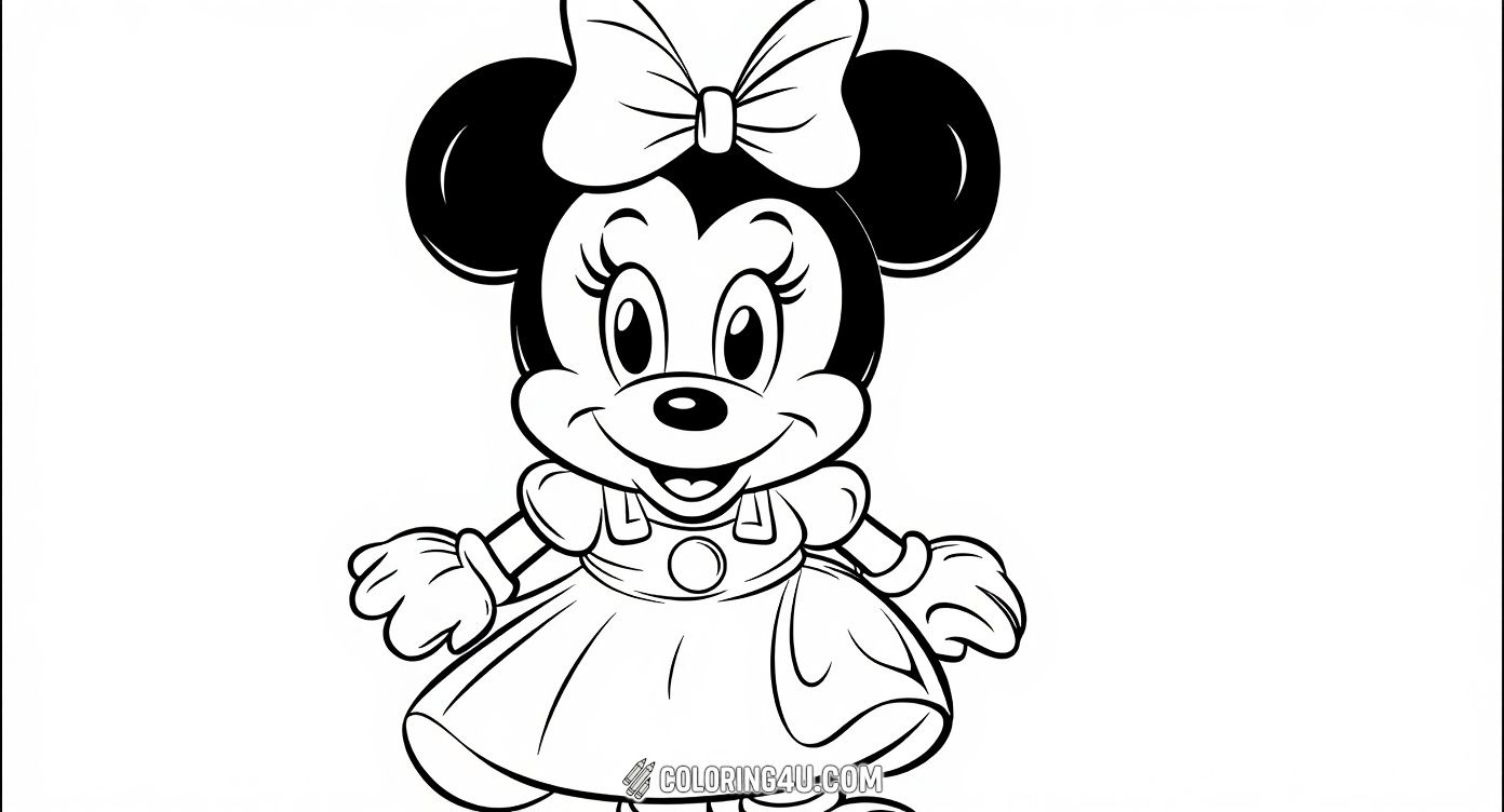 This adorable coloring page showcases Minnie Mouse standing and smiling warmly, dressed in a classic dress with a big bow on her head. Kids will have a great time bringing this cheerful and iconic Disney character to life with their own choice of colors, making her outfit and friendly face shine.
