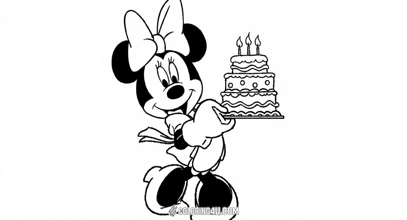 Celebrate a special occasion with Minnie Mouse as she joyfully carries a birthday cake topped with three lit candles. This charming coloring page encourages kids to imagine the flavors and colors of the cake while joining Minnie in the fun of a birthday party.