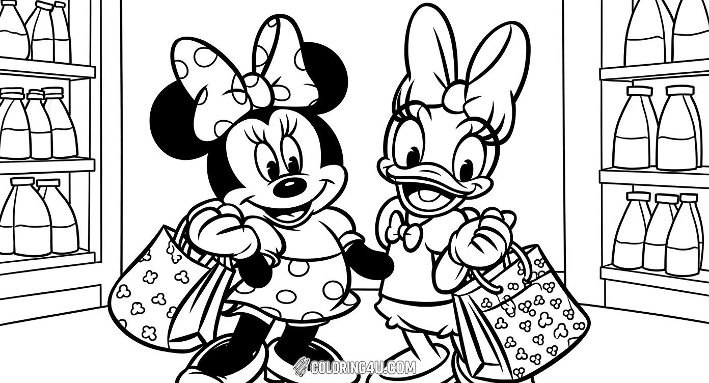 Join Minnie Mouse and her best friend Daisy Duck on a fun shopping adventure in this charming coloring page. Both characters are carrying shopping bags and sporting their famous bows and outfits. Children will love adding vibrant colors to these two beloved Disney friends as they share a joyful day out together.