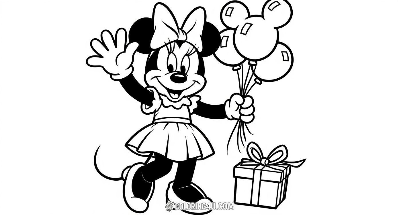 This delightful coloring page features Minnie Mouse happily holding a bunch of Mickey-shaped balloons in one hand and a neatly wrapped gift in the other. Kids can enjoy coloring Minnie's cheerful expression and her iconic bow, dress, and shoes, along with the playful balloons floating above her.
