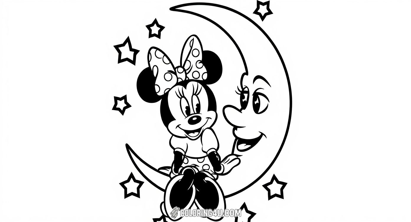 This delightful coloring page features Minnie Mouse sitting happily on a crescent moon with a friendly smiling face. Surrounding them are twinkling stars, creating a magical nighttime scene that invites kids to add bright colors and bring this enchanting moment to life.