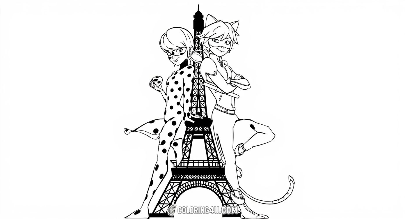 Join Ladybug and Cat Noir standing back to back in front of the iconic Eiffel Tower in this cool coloring page. Kids can have fun coloring the famous superheroes from Miraculous Ladybug both ready for adventure with their unique costumes and charming poses.