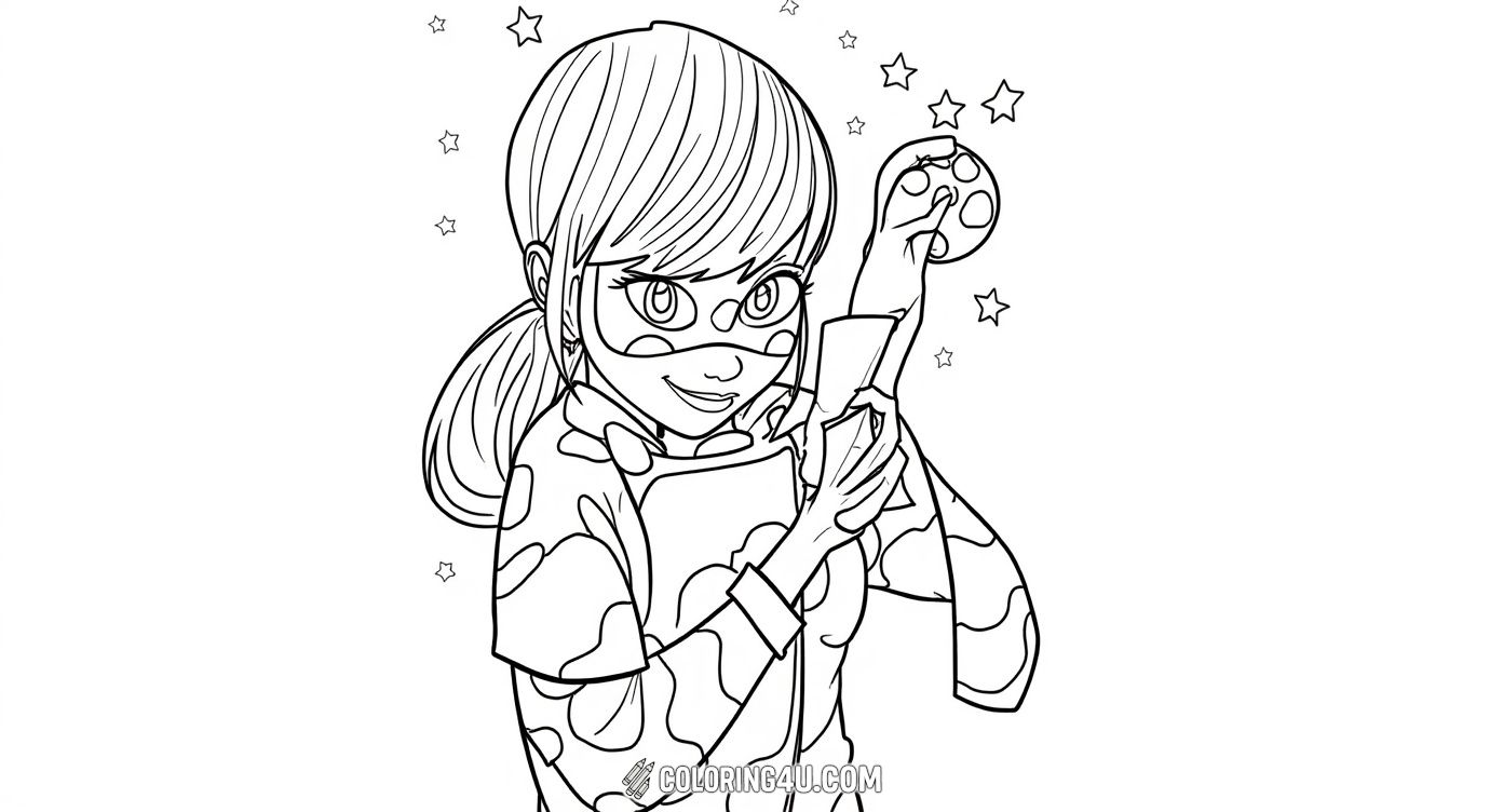 This fun coloring page features Ladybug, the brave superhero from Miraculous Ladybug, holding her iconic yo-yo weapon surrounded by stars. Kids can enjoy bringing this dynamic and detailed portrait of Ladybug to life with their favorite colors.