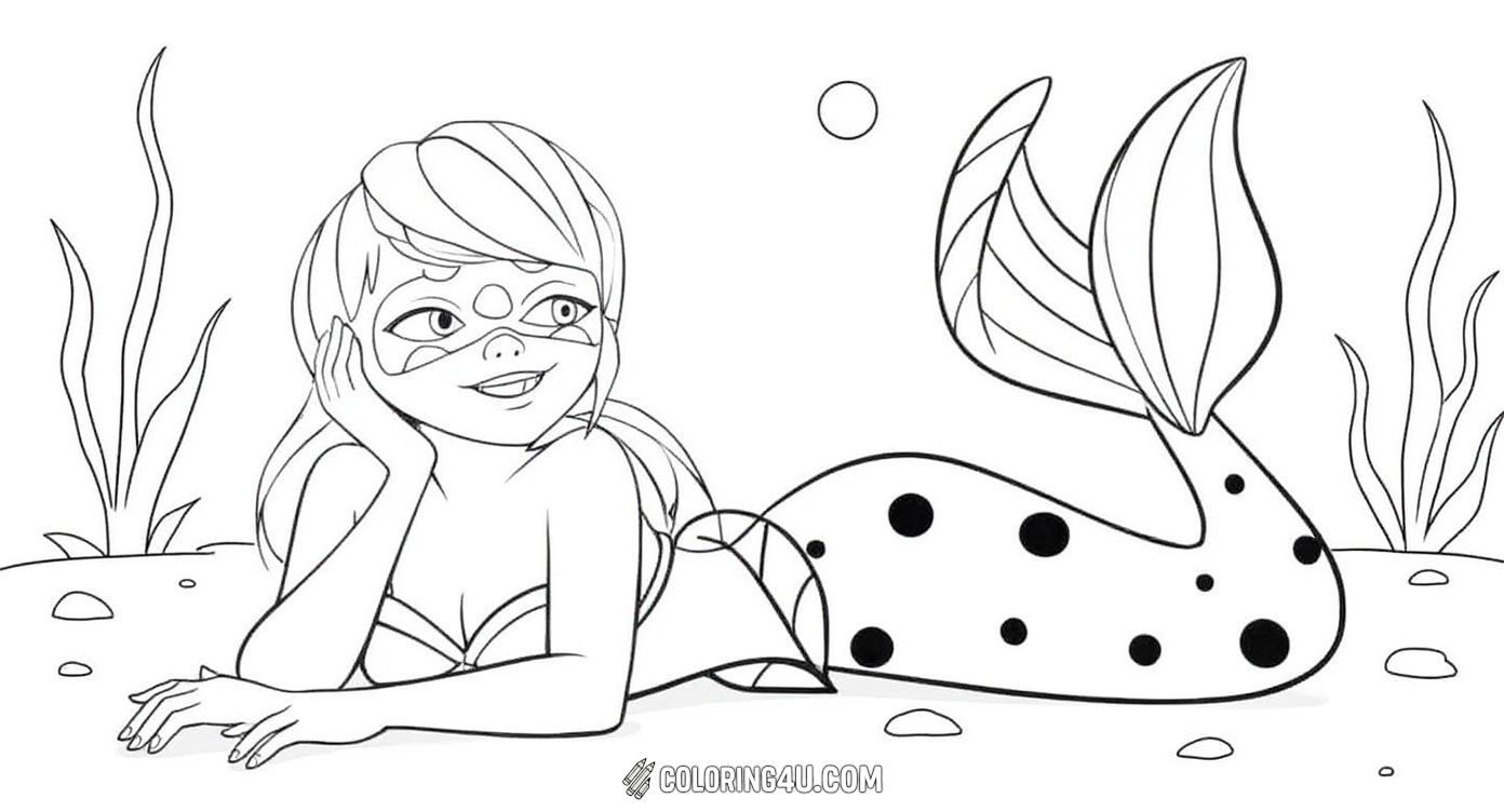 Dive into a magical underwater world with this adorable coloring page showing Ladybug transformed into a playful mermaid. She is relaxing on the sea floor, decorated with her signature polka dots. Kids will love coloring this unique and imaginative twist on their favorite hero!