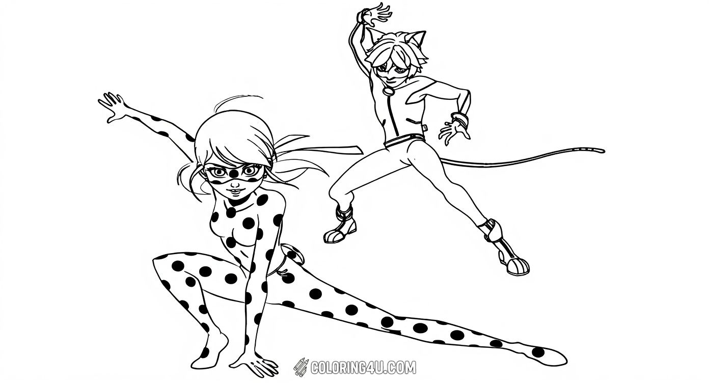 This exciting coloring page features Ladybug and Cat Noir from the Miraculous Ladybug series poised in dynamic action stances, ready to save the day! Kids can have fun bringing these two superhero friends to life with vibrant colors as they leap into adventure.