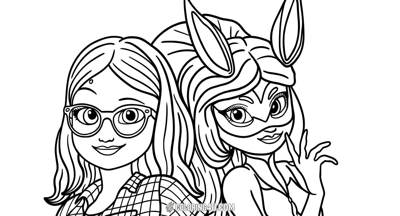 Get creative coloring this fun page featuring Marinette Dupain-Cheng from Miraculous Ladybug both as her usual self and in her stylish superhero costume with sleek bunny ears. Kids can explore the dual life of a young girl and her heroic alter ego in this charming illustration.