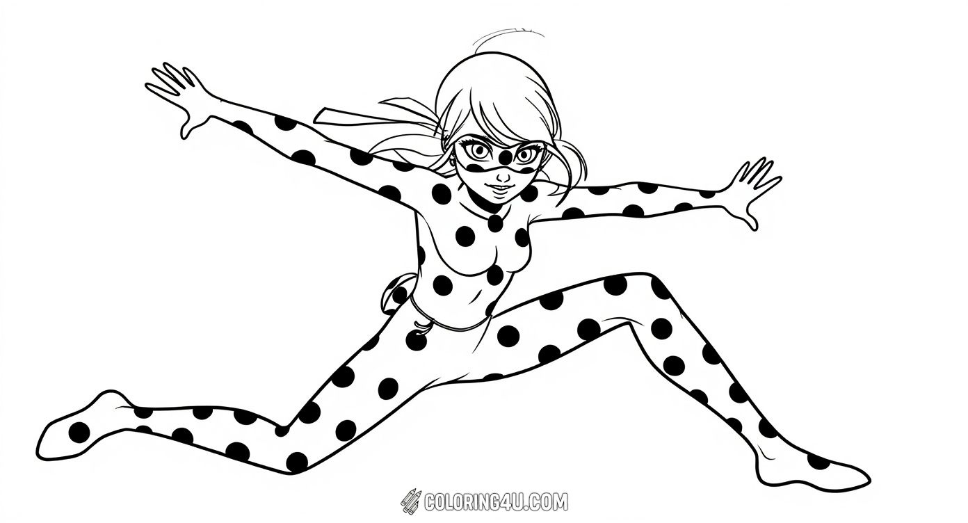 Get ready to color an exciting action pose of Ladybug from Miraculous Ladybug! This page includes a short introduction about Marinette, the normal teen who transforms into the superhero Ladybug to protect Paris. It's a perfect activity for fans to learn and bring their favorite hero to life.