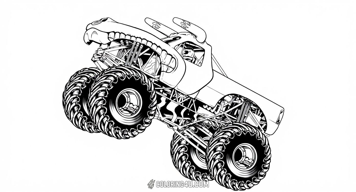 Get ready to color El Toro Loco, the legendary Monster Jam truck known for its fierce bull design and huge tires! This exciting coloring page captures the truck in mid-air, showcasing its thrilling jumps and powerful presence. Kids will love bringing this iconic monster truck to life with their favorite colors.