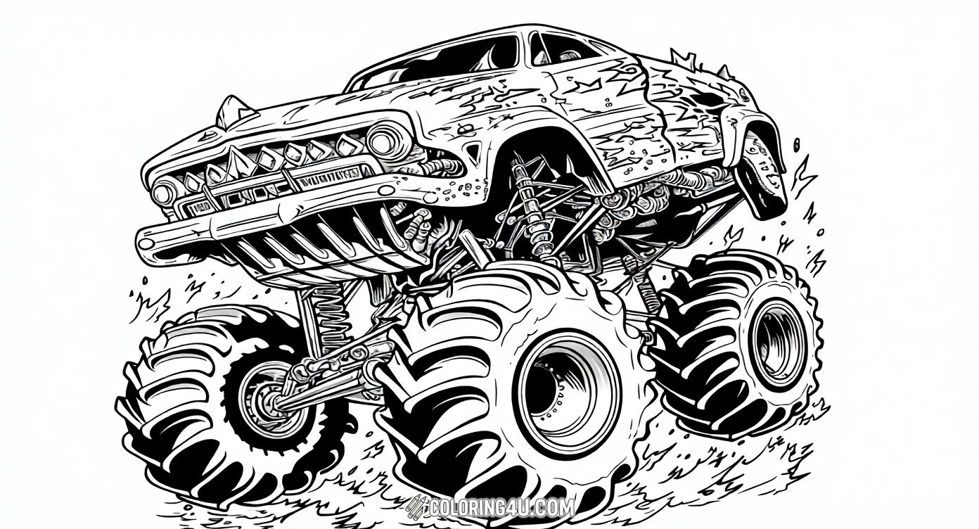 Jump into the action with this explosive Monster Jam truck coloring page! Featuring a rugged, fierce-looking truck with spiked details and giant tires blazing through the dirt, this page invites kids to imagine high-speed races and thrilling monster truck stunts. It's perfect for young fans who love excitement and adventure.