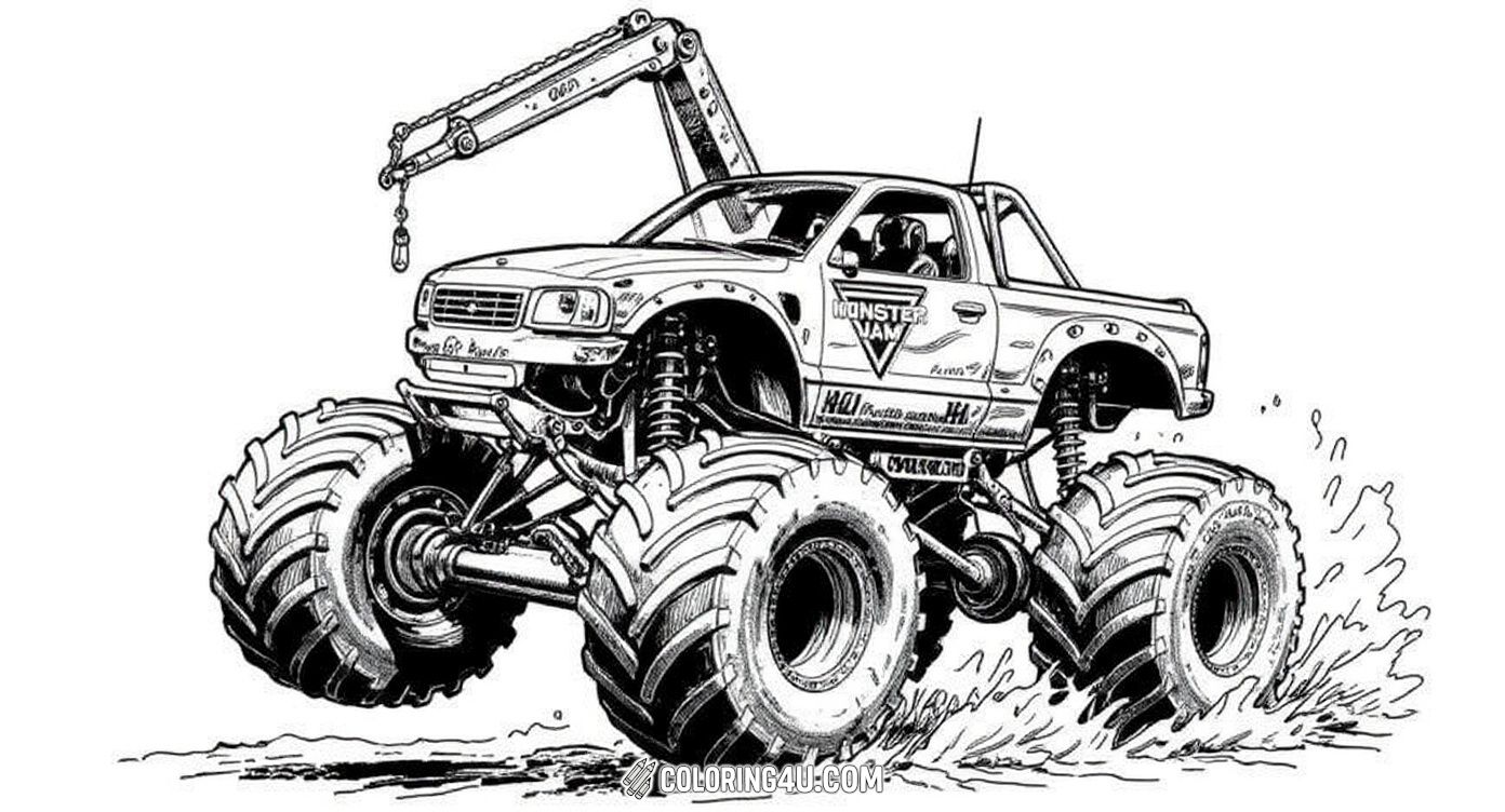 Get ready to color the thrilling Monster Jam Crane Digger truck as it performs an incredible stunt! This exciting coloring page captures the monster truck mid-jump with detailed tires and dynamic action, perfect for kids who love big trucks and adrenaline-filled adventures.