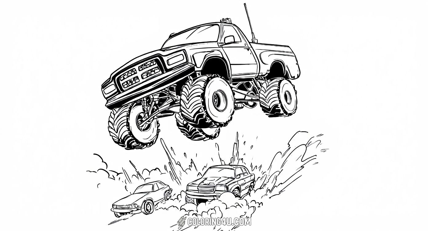 Experience the excitement of monster trucks in action with this dynamic coloring page showing a monster truck leaping over smaller cars on a dirt track. The powerful truck soars high above the road while the smaller vehicles speed below, making it a perfect scene for kids to color and enjoy the thrill of monster truck competitions.