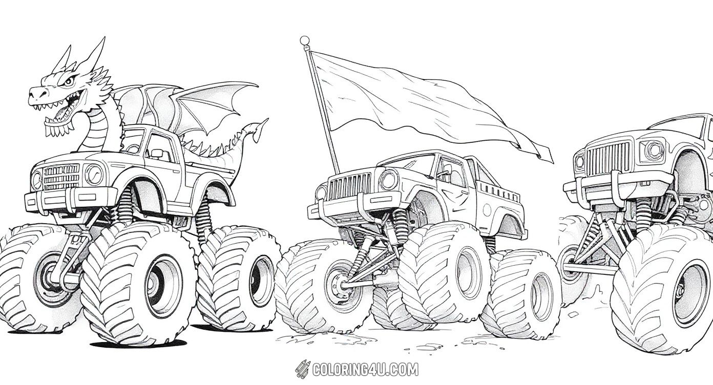 Get ready for action with these exciting monster truck coloring scenes! Featuring a dragon-themed truck, a truck waving a big flag, and an iconic Hot Wheels monster truck, this page invites kids to have fun coloring bold designs and epic truck adventures.