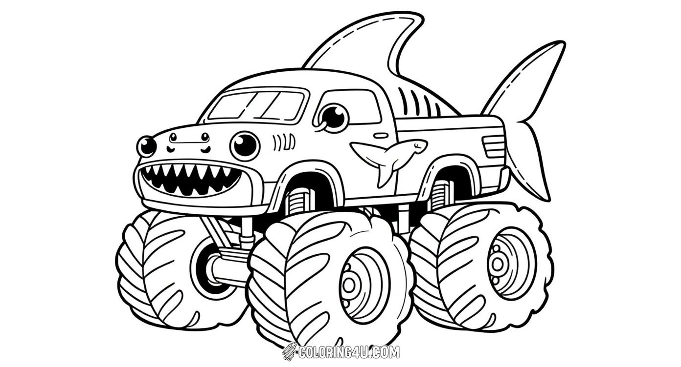 Make a splash with this adorable shark monster truck coloring page! The truck is designed to look like a friendly shark, complete with fins and a big toothy grin, riding on giant monster truck wheels. Kids will have a blast coloring this unique and playful vehicle.