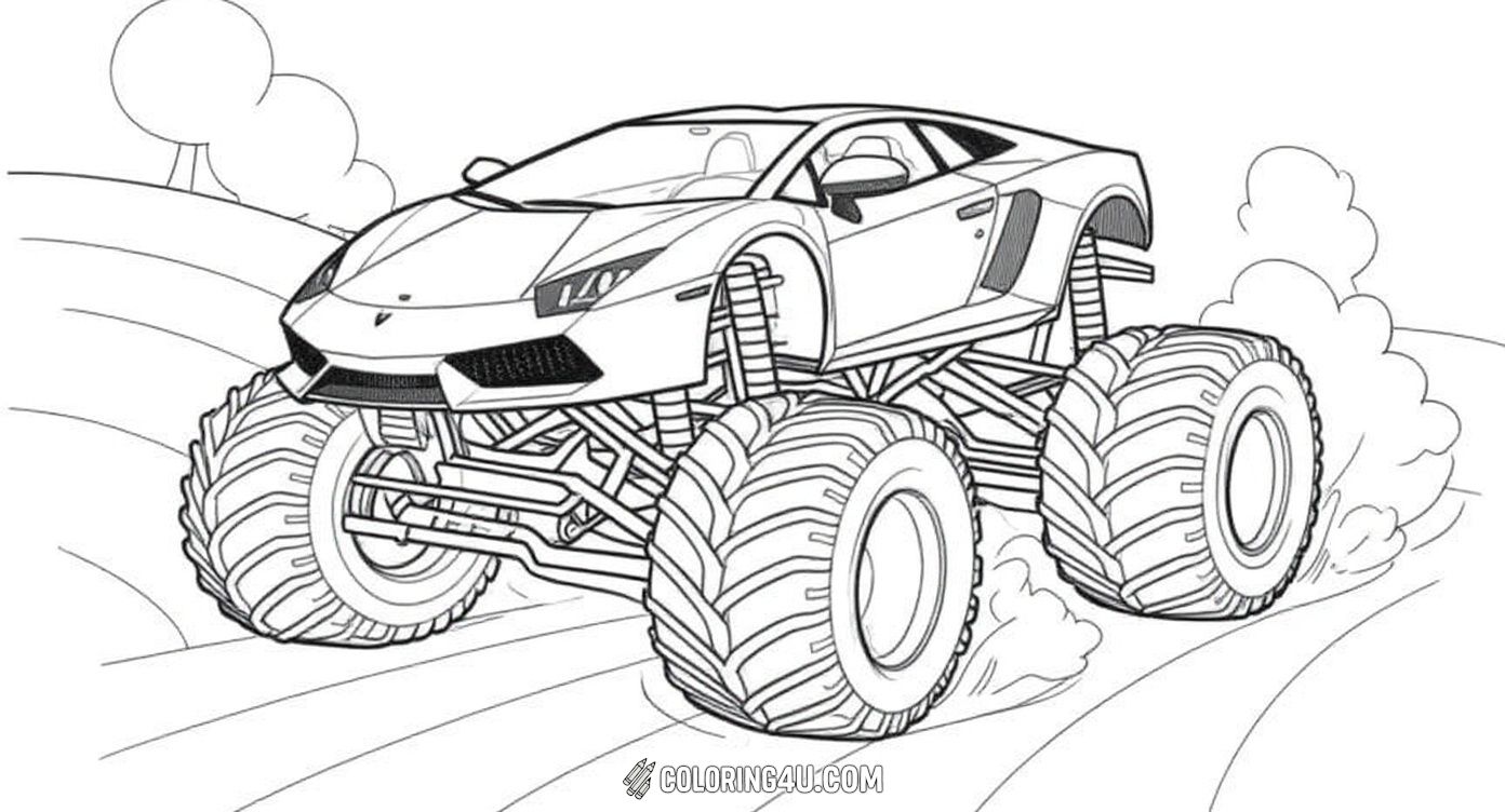 Bring this cool Lamborghini monster truck to life with your favorite colors! This coloring sheet features a sleek, high-performance Lamborghini turned into an off-road monster truck, racing through a scenic countryside filled with trees and rolling hills. Perfect for kids who love fast cars and big tires!