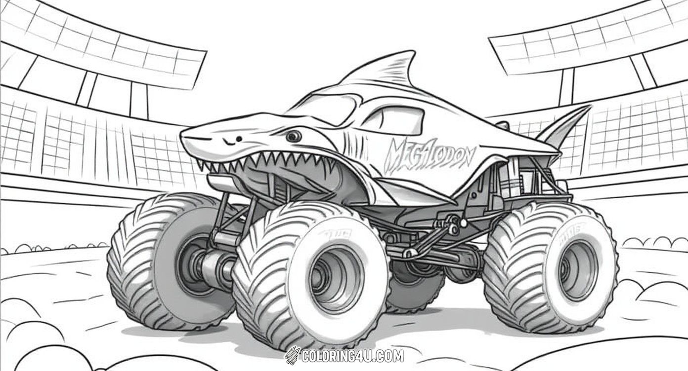 Dive into the arena with the Megalodon monster truck, ready to race and jump in a huge stadium! This coloring page shows the monster truck with its shark-shaped body cruising through a bustling stadium crowd. Kids can enjoy coloring this cool and dynamic monster truck scene full of energy and fun.