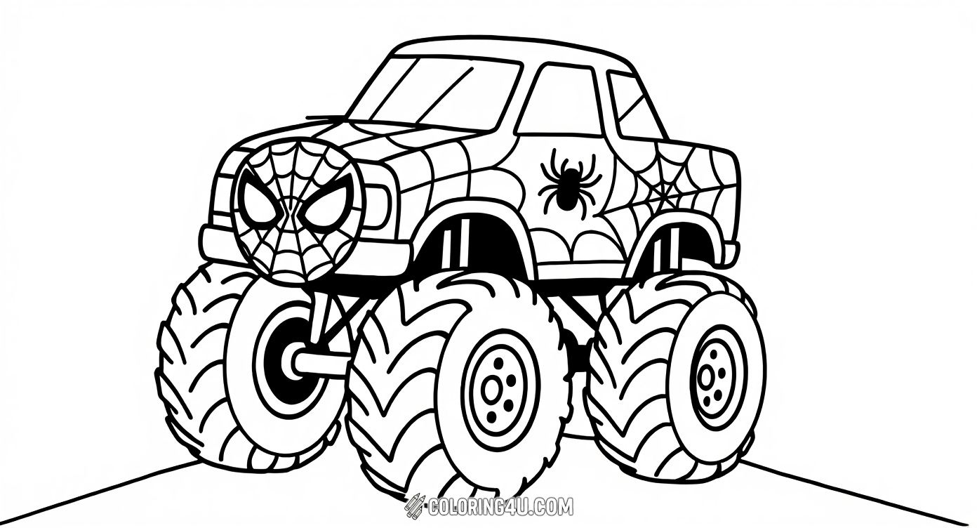 Get ready to color an exciting monster truck inspired by Spiderman! This fun coloring page shows a powerful truck decorated with web patterns and spider motifs, surrounded by spider webs and stars. It's perfect for kids who love superhero adventures and monster trucks!