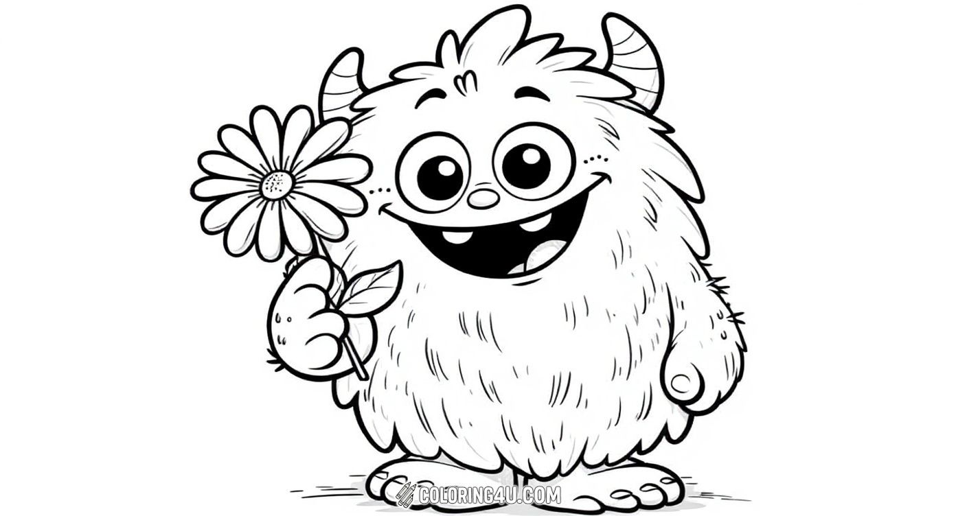 This adorable furry monster has big round eyes and tiny horns on its head. It is smiling happily while holding a large flower, inviting kids to bring this sweet creature to life with colorful crayons and markers!